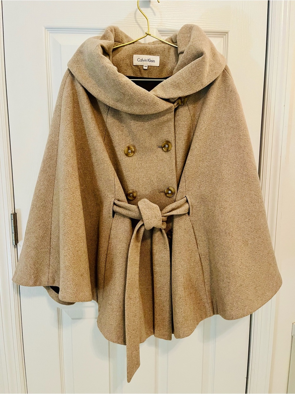 Calvin Klein Beige Belted Cape Coat S/M Double Breasted Oversized Collar - Picture 2 of 10